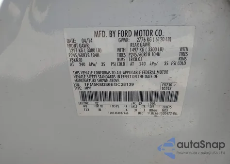 2014 Ford Explorer Xlt из США, поврежденный, VIN 1FM5K8D86EGC28139